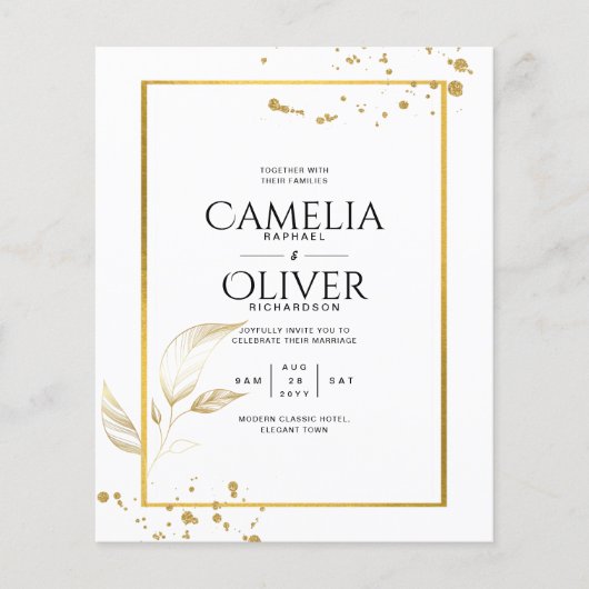 Budget foto trouwkaart klassiek wit GOUD (Voorkant)