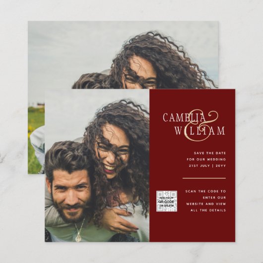 Budget foto trouwuitnodiging save date QR-code (Voorkant / Achterkant)