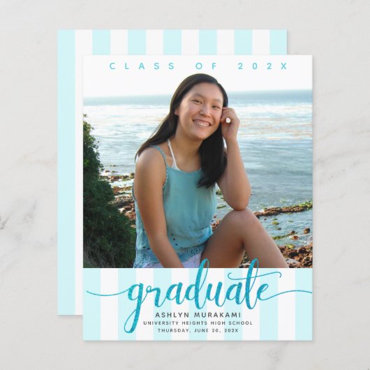 Budget foto turquoise script afstuderen invite (Voorkant / Achterkant)