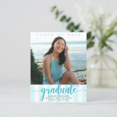 Budget foto turquoise script einladingskaart voor  (Staand voorkant)
