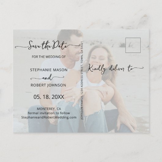 Budget Foto Typografie Bruiloft Opslaan De Datum Uitnodiging Briefkaart (Achterkant)