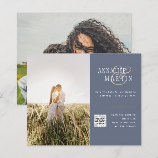 BUDGET Fotobruiloft uitnodiging BLUE Save Dates (Voorkant / Achterkant)