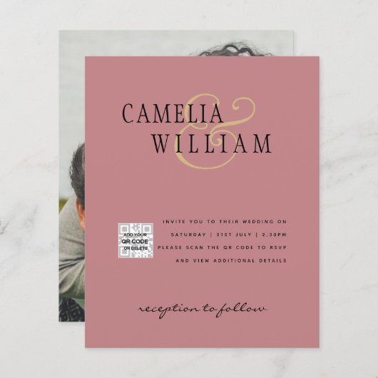 Budget Fotobruiloft Uitnodiging Opslagdatum QR-cod (Voorkant / Achterkant)