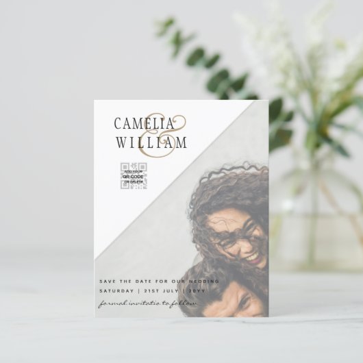 BUDGET Fotobruiloft Uitnodiging Opslagdatum QR-cod (Staand voorkant)