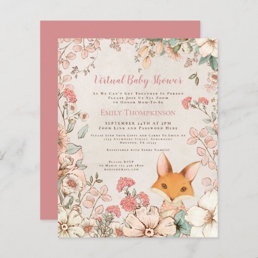 Budget Fox Girl Virtual Baby shower Invitation (Voorkant / Achterkant)