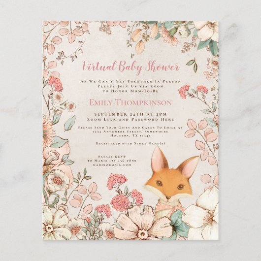 Budget Fox Girl Virtual Baby shower Invitation (Voorkant)