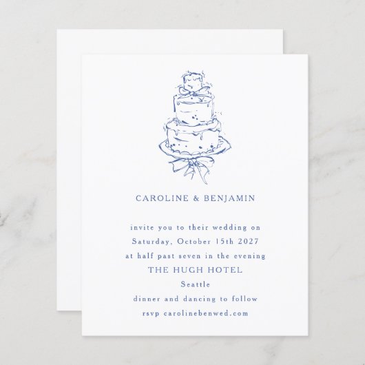 Budget Frans Blauw Doodle Bruiloft Taart Uitnodigi (Voorkant / Achterkant)