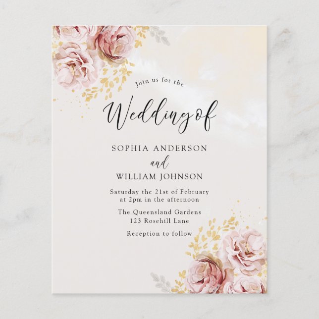 Budget Friendly Blush Floral Wedding Uitnodiging (Voorkant)