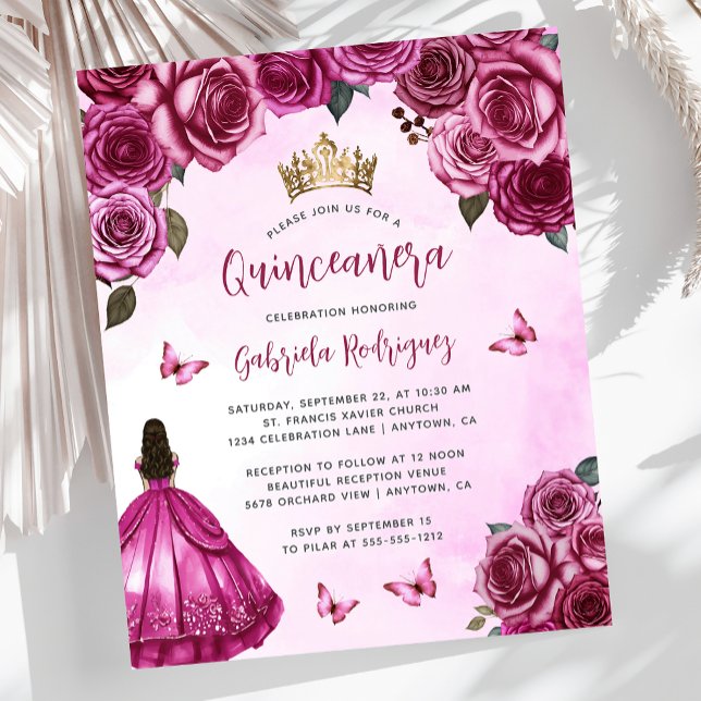Budget Fuchsia Roze Bloemen Quinceañera Uitnodigen (Creator heeft geüpload)