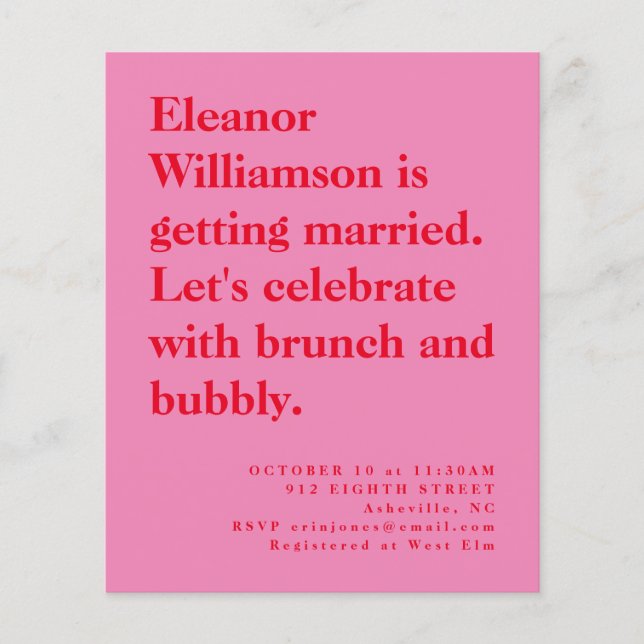 Budget Fun Bold Pink Red Bridal Brunch Invite (Voorkant)
