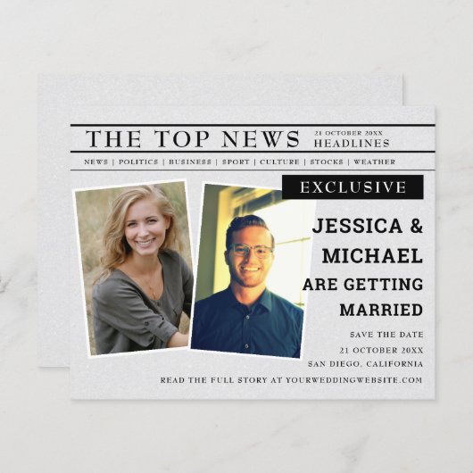 Budget Fun Newspapier Headline Photo Save the Date (Voorkant / Achterkant)