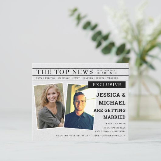 Budget Fun Newspapier Headline Photo Save the Date (Staand voorkant)