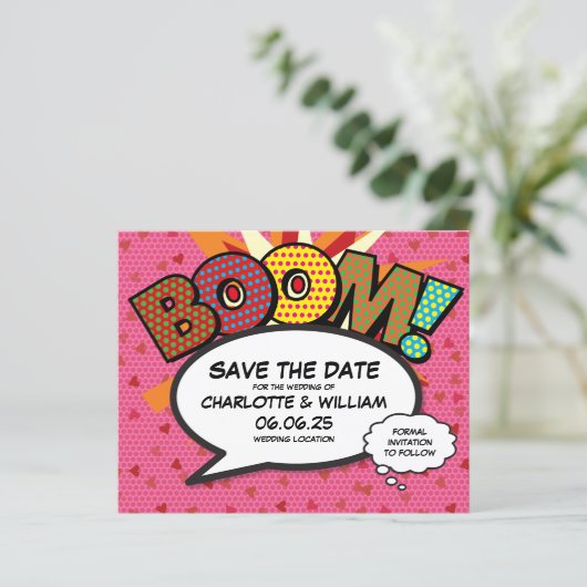 Budget Fun Retro Comic Book Boom Save the Date (Staand voorkant)