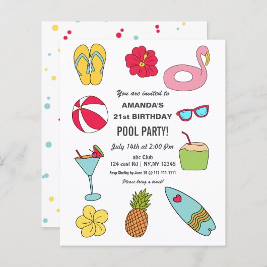 Budget Fun Summer Pool Party Birthday Invitation (Voorkant / Achterkant)