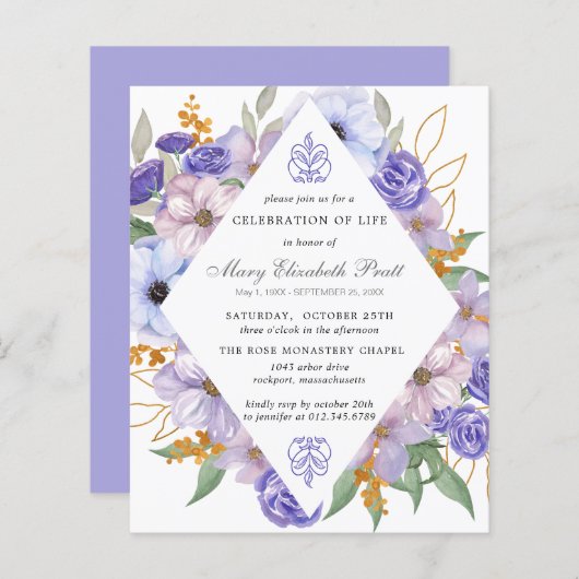 Budget Funeral Invitation Paars Floral (Voorkant / Achterkant)