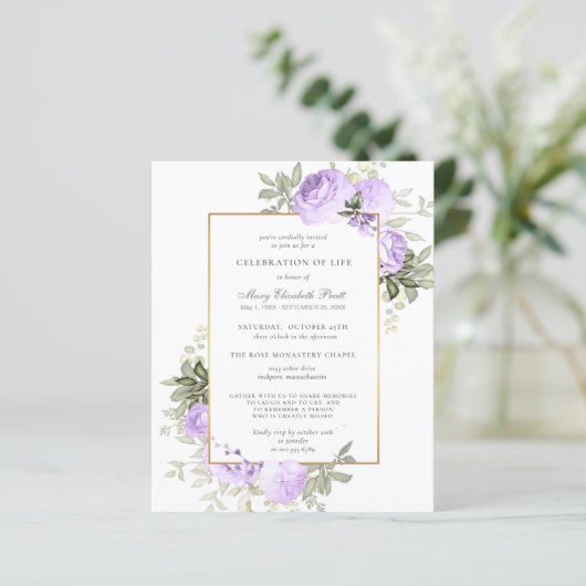 Budget Funeral Invitation Paars Floral (Staand voorkant)