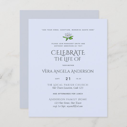 BUDGET Funeral Memorial INVITE Celebration of Life (Voorkant / Achterkant)