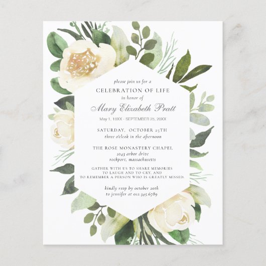 Budget Funeral Memorial White Floral Invitation (Voorkant)