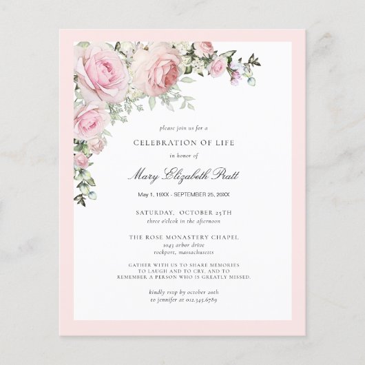 Budget Funeral Pink Floral Uitnodiging (Voorkant)
