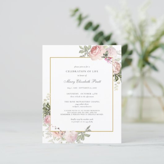 Budget Funeral Pink Floral Uitnodiging (Staand voorkant)