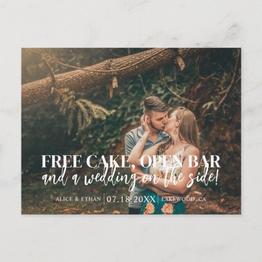 Budget Funny Free Cake Open Bar sparen de datum Aankondigingskaart (Voorkant)