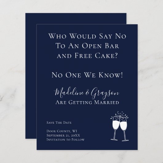 BUDGET Funny Open Bar Free Cake Save the Date (Voorkant / Achterkant)