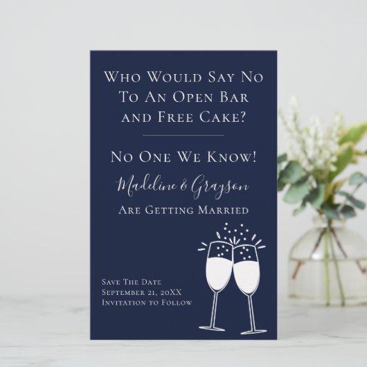 BUDGET Funny Open Bar Free Cake Save the Date (Staand voorkant)