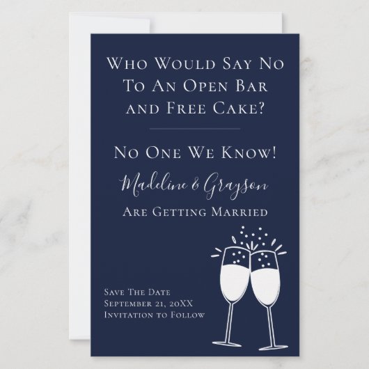 BUDGET Funny Open Bar Free Cake Save the Date (Voorkant)