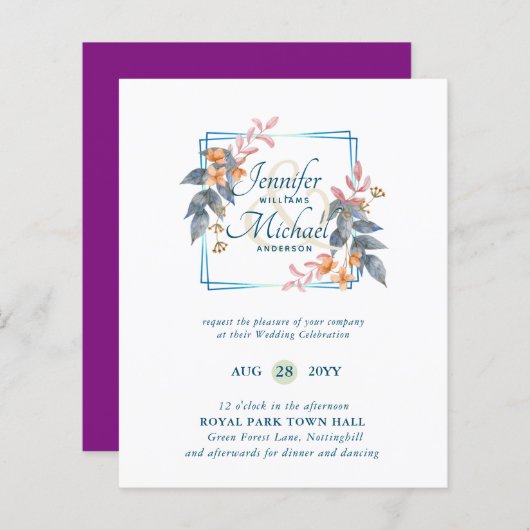 BUDGET Garden Leaves Fall Wedding nodigt Blauwgroe (Voorkant / Achterkant)