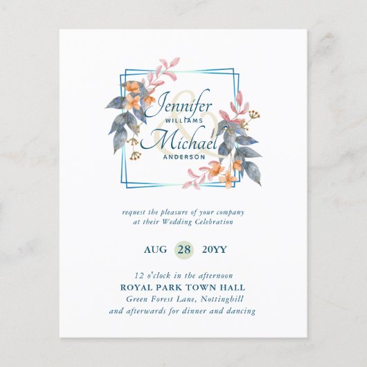 BUDGET Garden Leaves Fall Wedding nodigt Blauwgroe (Voorkant)