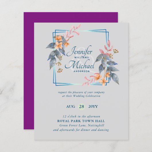 BUDGET Garden Leaves Fall Wedding nodigt Blauwgroe (Voorkant / Achterkant)