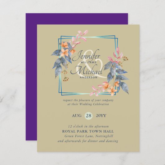 BUDGET Garden Leaves Fall Wedding nodigt Blauwgroe (Voorkant / Achterkant)