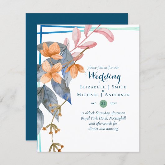 BUDGET Garden Leaves Fall Wedding nodigt Blauwgroe (Voorkant / Achterkant)