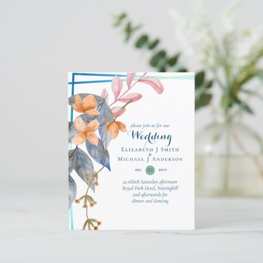 BUDGET Garden Leaves Fall Wedding nodigt Blauwgroe (Staand voorkant)