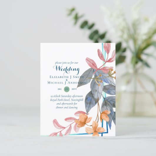 BUDGET Garden Leaves Fall Wedding nodigt Blauwgroe (Staand voorkant)