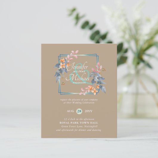 BUDGET Garden Leaves Fall Wedding nodigt Blauwgroe (Staand voorkant)