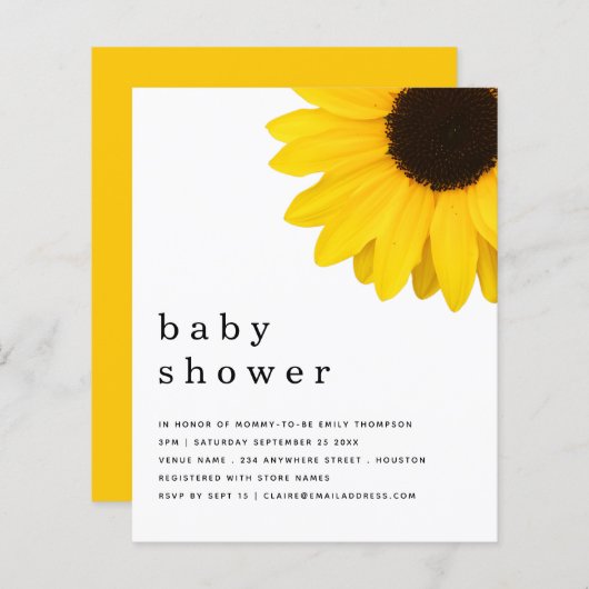 BUDGET Geel zonnebloem Baby shower Uitnodigen (Voorkant / Achterkant)