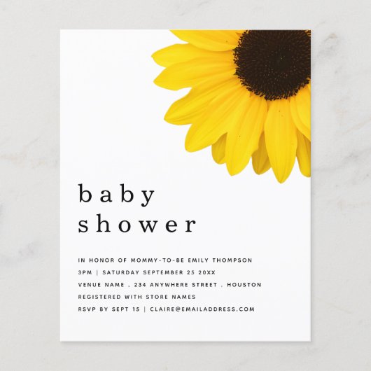 BUDGET Geel zonnebloem Baby shower Uitnodigen (Voorkant)