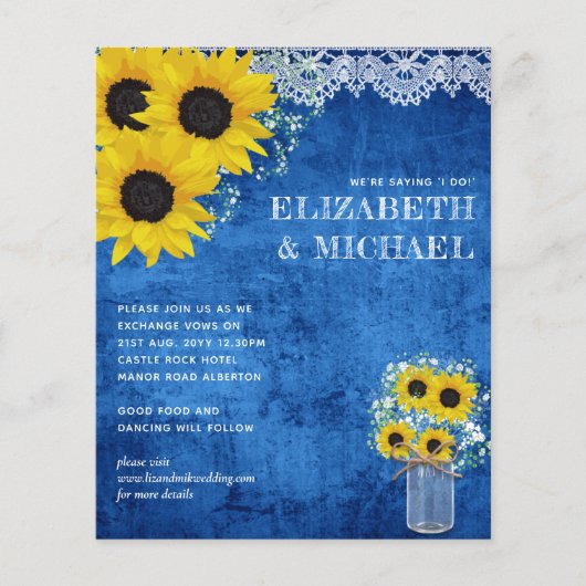 BUDGET Gele Blauwe Zonnebloemen Trouw Uitnodiging (Voorkant)