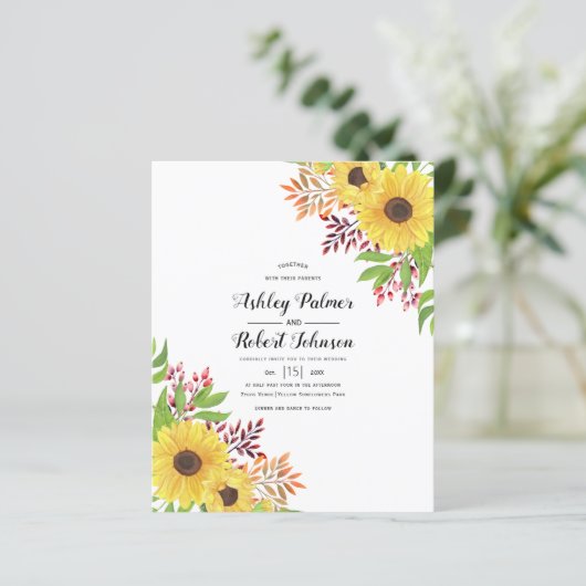 BUDGET Gele zonnebloemen trouwkaart (Staand voorkant)