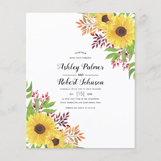 BUDGET Gele zonnebloemen trouwkaart (Voorkant)