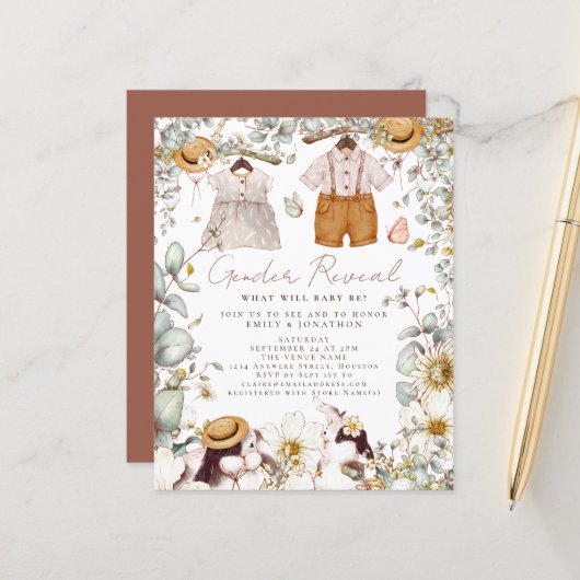 Budget Gender onthulling Bunny Baby shower Uitnodi (Voorkant / Achterkant in situ)