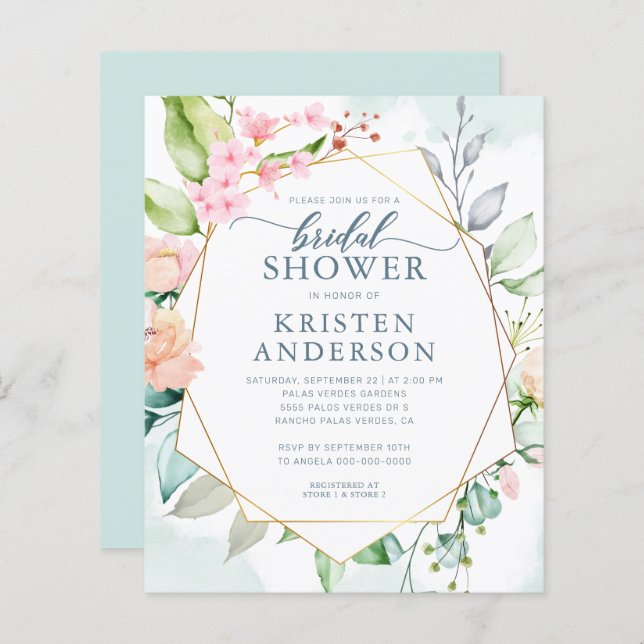 Budget Geometric Floral Bridal Shower Uitnodiging (Voorkant / Achterkant)