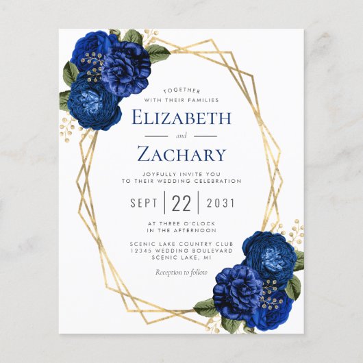 Budget Geometric Royal Blue Floral Wedding Invite (Voorkant)
