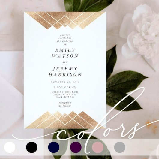 Budget Geometric White Gold Gatsby Wedding INVITE
