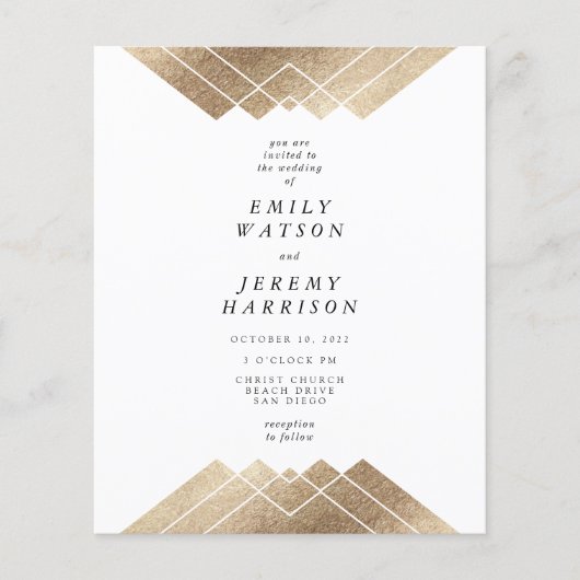 Budget Geometric White Gold Gatsby Wedding INVITE (Voorkant)