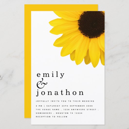 Budget Giant Sunflower Typography Wedding Invite (Voorkant / Achterkant)
