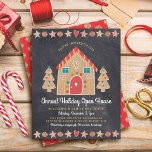 Budget Gingerbrood Open House Chalkboard Invite<br><div class="desc">Een schattig, knappe keukenbroodkast en bomen, sterren, harten en snoepjes, samen met een speels script, bedekken een donkere achtergrond met een zwarte koolstof grijze krijtborden en helpen je om mee te doen in het feestseizoen. Een patroon van het peppermuntpatroon over een rode achtergrond past de rug aan. Geniet van familie...</div>