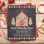 Budget Gingerbrood Open House Chalkboard Invite<br><div class="desc">Een schattig, knappe keukenbroodkast en bomen, sterren, harten en snoepjes, samen met een speels script, bedekken een donkere achtergrond met een zwarte koolstof grijze krijtborden en helpen je om mee te doen in het feestseizoen. Een patroon van het peppermuntpatroon over een rode achtergrond past de rug aan. Geniet van familie...</div>