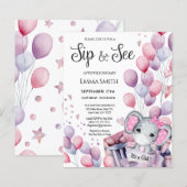 BUDGET Girl Baby Elephant Sip en Zie uitnodiging (Voorkant / Achterkant)